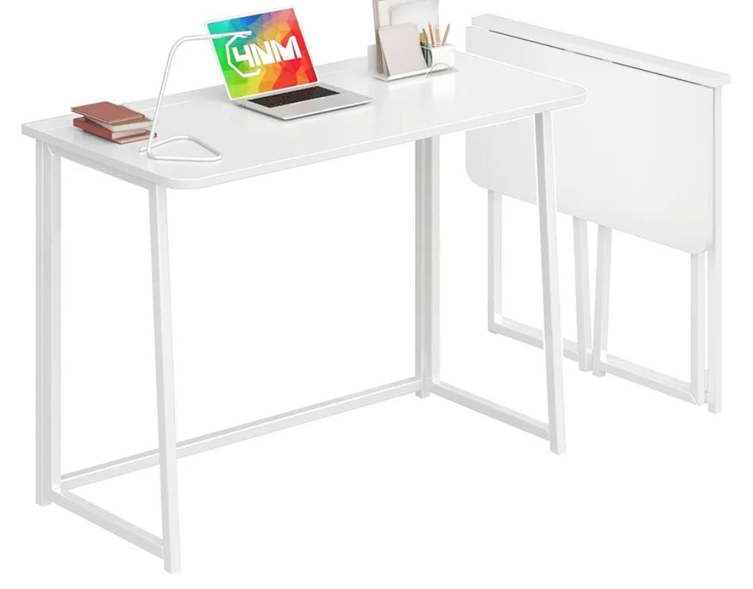 4NM 39.4" Small Folding Desk, Foldable Computer Home Office Desk, Study Writing Table for Small Space Saving Bedroom, Easy Assembly - All White