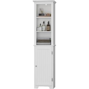 UTEX 64" Freestanding Storage Cabinet, Bathroom Tall Silm Cabinet with Doors and Adjustable Shelves, Free Standing Linen Tower, Home Storage Furniture, White, Large