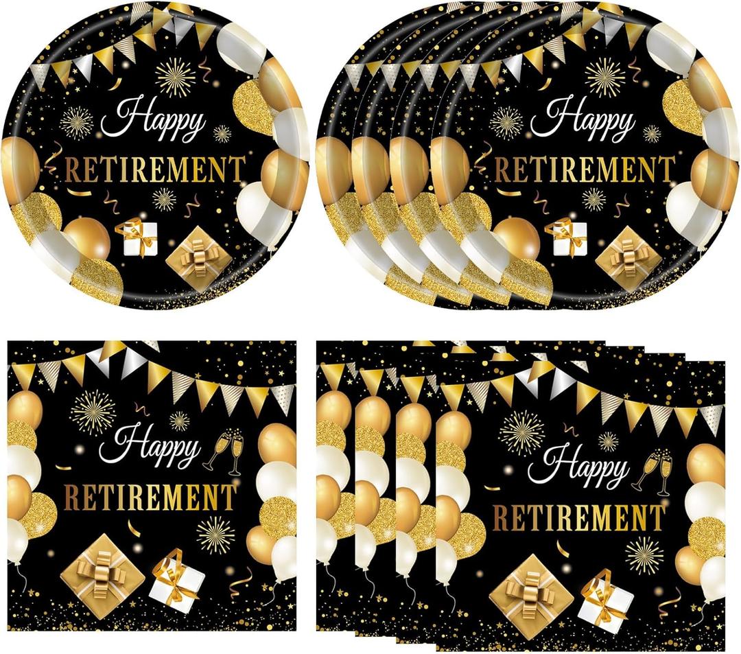 40PCS Retirement Decorations For Men Happy Retirement Decorations Plates Napkins Tableware Set Black and Golden Disposable Dinnerware Table Decoration Favors for Women Men