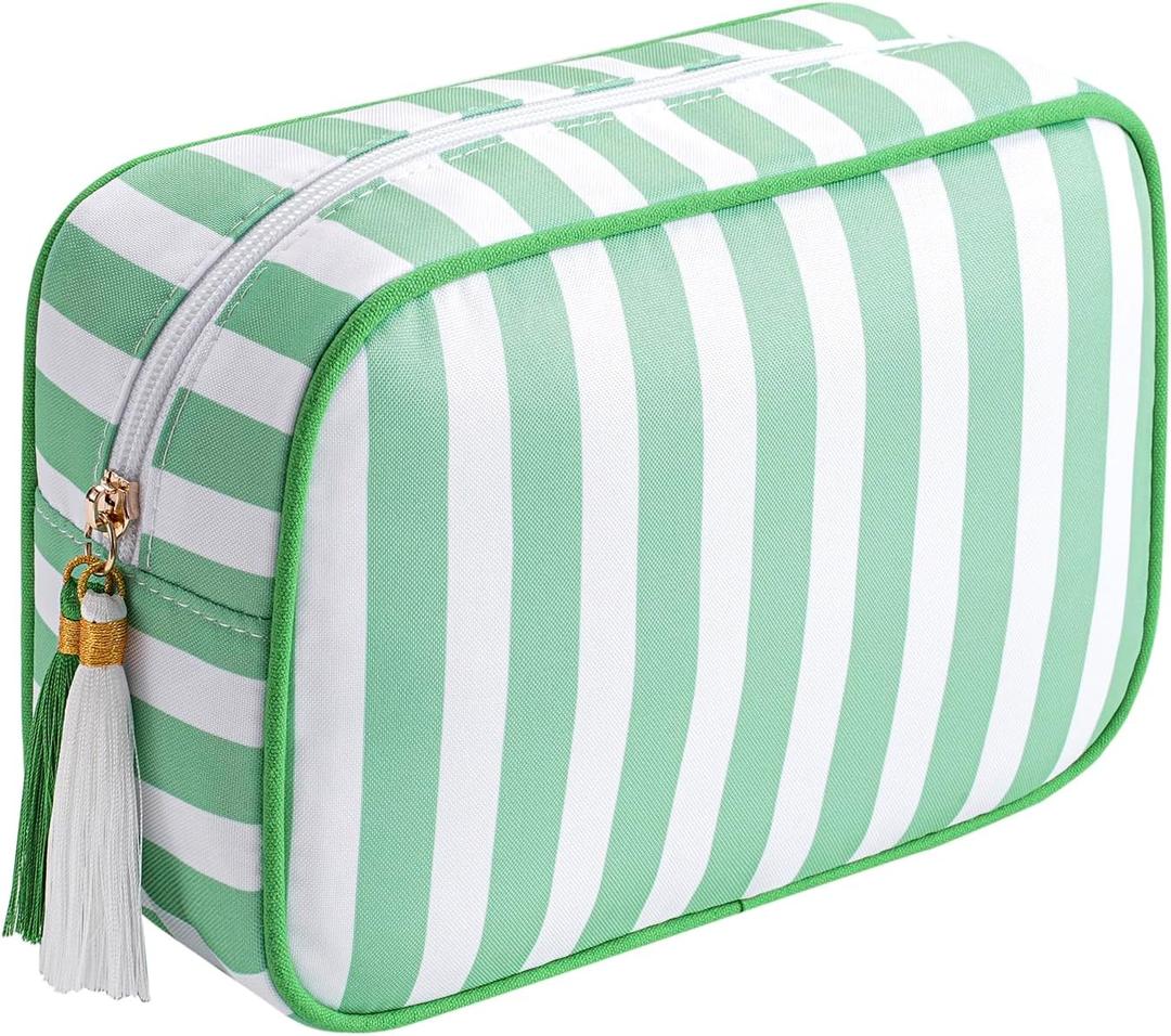 RSRSLEII Large Striped Zipper Makeup Bag, Aesthetic Tassel Travel Cosmetic Bag, Coquette Toiletry Bag, Cute Girls Handbags Purses, Preppy Accessories Storage Bag for Women Girls (09 Green Stripe)