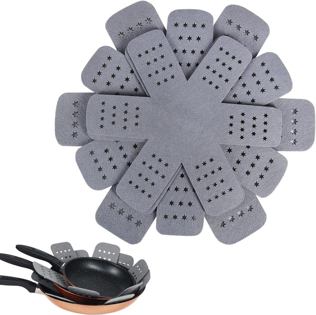 BYKITCHEN Pan and Pot Protectors, Larger & Thicker Pan Protectors with Stars, Set of 6 and 3 Different Sizes, Pot Protectors for Stacking and Protecting Your Cookware (6pcs-12/14/16 inch, Gray)