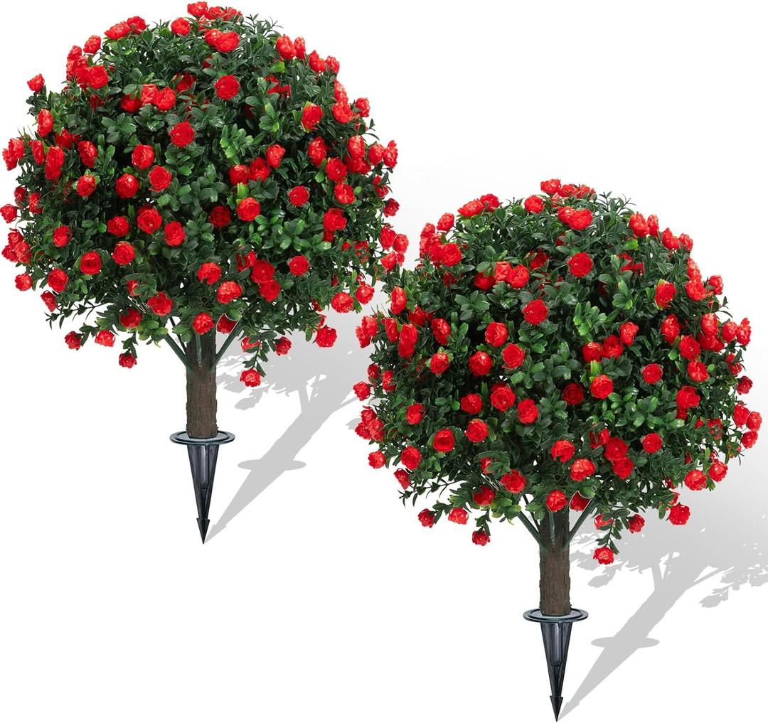 Set of 2 Artificial Boxwood Topiary Ball Trees with Red Flowers for Outdoor with Ground Spike 22", UV Resistant Faux Greenery Shrubs, Fake Plants for Garden, Yard, Porch, Patio Valentine's Day Decor