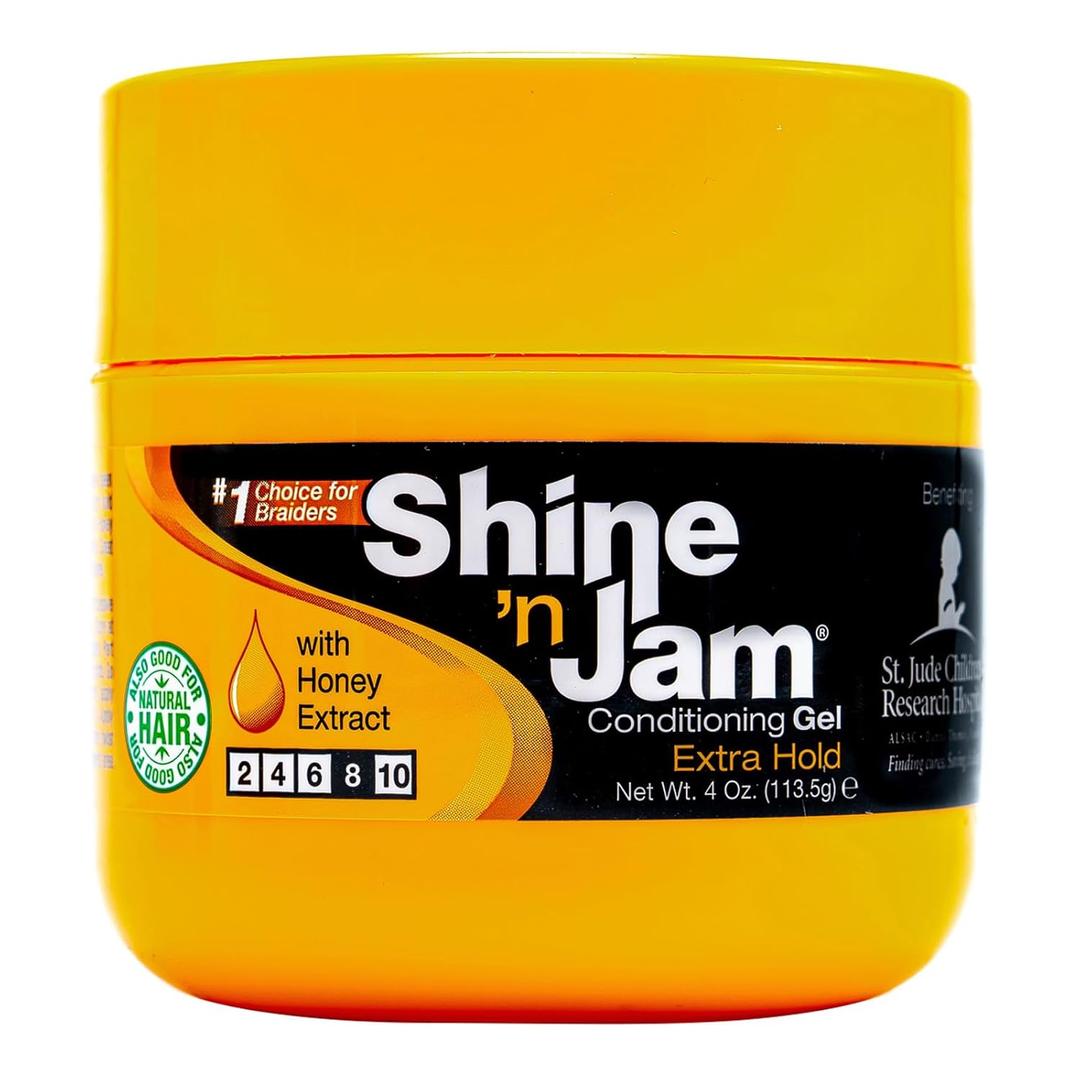 Ampro Shine-n-Jam Maximum Hold - Infused with Honey Extract to Strengthen Hair - Great for Taming Fringe, Ponytails, Soft Weaves, and Braids - Keeps Tresses Firm with Non-Greasy Shine - 4 oz