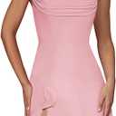 Women's Sexy Square Neck Dress Sleeveless Elegant Ruffle Side Slit A Line Party Club Mini Dress, S, Pink