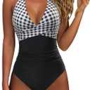 SUUKSESS Women Sexy Tummy Control One Piece Swimsuits Halter Push Up Bathing Suits (Large, #1 Black Gingham)