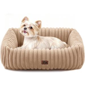 Washable Dog Bed for Small Medium Dogs - Rectangle Orthopedic Corduroy Fleece Pet Bed with Removable Cover and Nonskid Bottom, Calming Puppy Bed Soft Pet Sofa, Camel(20x19x6inches)