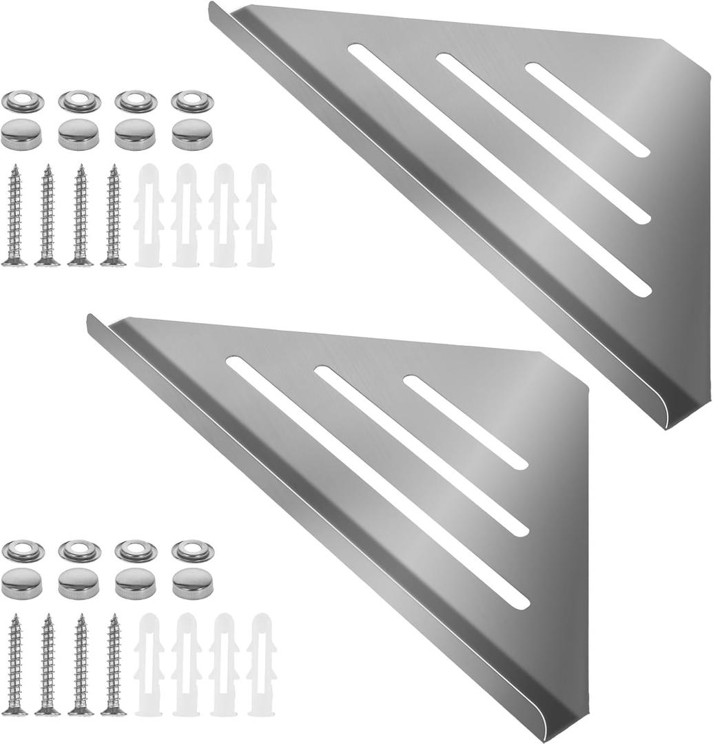 2 Pcs 304 Stainless Steel Shower Corner Shelf with Screws, Triangle Shower Caddy Coner Organizer Metal Corner Shelf Wall Mount Soap Holder for Bathroom, Kitchen Organization