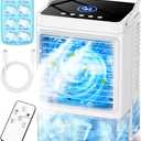 Small Air Conditioner w/ 3 Speeds&3 Modes, Remote, 1100ML Tank Humidifier, 8-Cube Ice Tray, 120 Oscillating, 4 IN 1 Portable Air Conditioners, 7-Color Light, 4H Timer Desk AC Unit for Bedroom