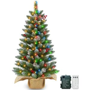 Remote Control - 3 Ft Artificial Mini Christmas Tree, Snowy Tabletop Christmas Tree 50 Warm White & Colorful Lights Timer Battery Operated 110 Branches 12 Pinecones 84 Red Berry Burlap Base Xmas Decor