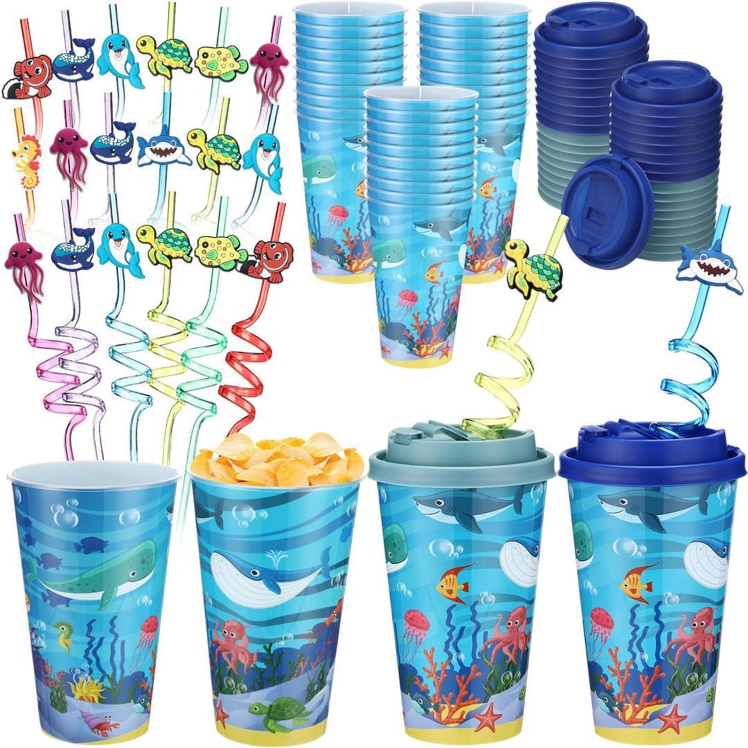 Yungyan 24 Sets Under the Sea Ocean Party Favors Goodie Cups with Lids and Straws for Birthday Decorations Reusable 16oz Plastic Candy Cups Plastic Straws for Birthday Party(Ocean Animals)