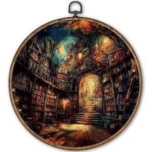 TLESKE Fantasy Library Books Round Wall Art Decor Framed 10x10, Dark Academia Canvas Wall Art Prints Artwork, Reading Corner Nook Wall Hanging Room Door Decor Decorations for Bedroom Living Room