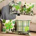 Spring Lucky Shamrock Throw Pillow Covers Green Clovers Pillowcase Watercolor Stripes Blessed Holiday Farmhouse Decorative Cushion Cases for Home Decoration 18x18 Set of 4