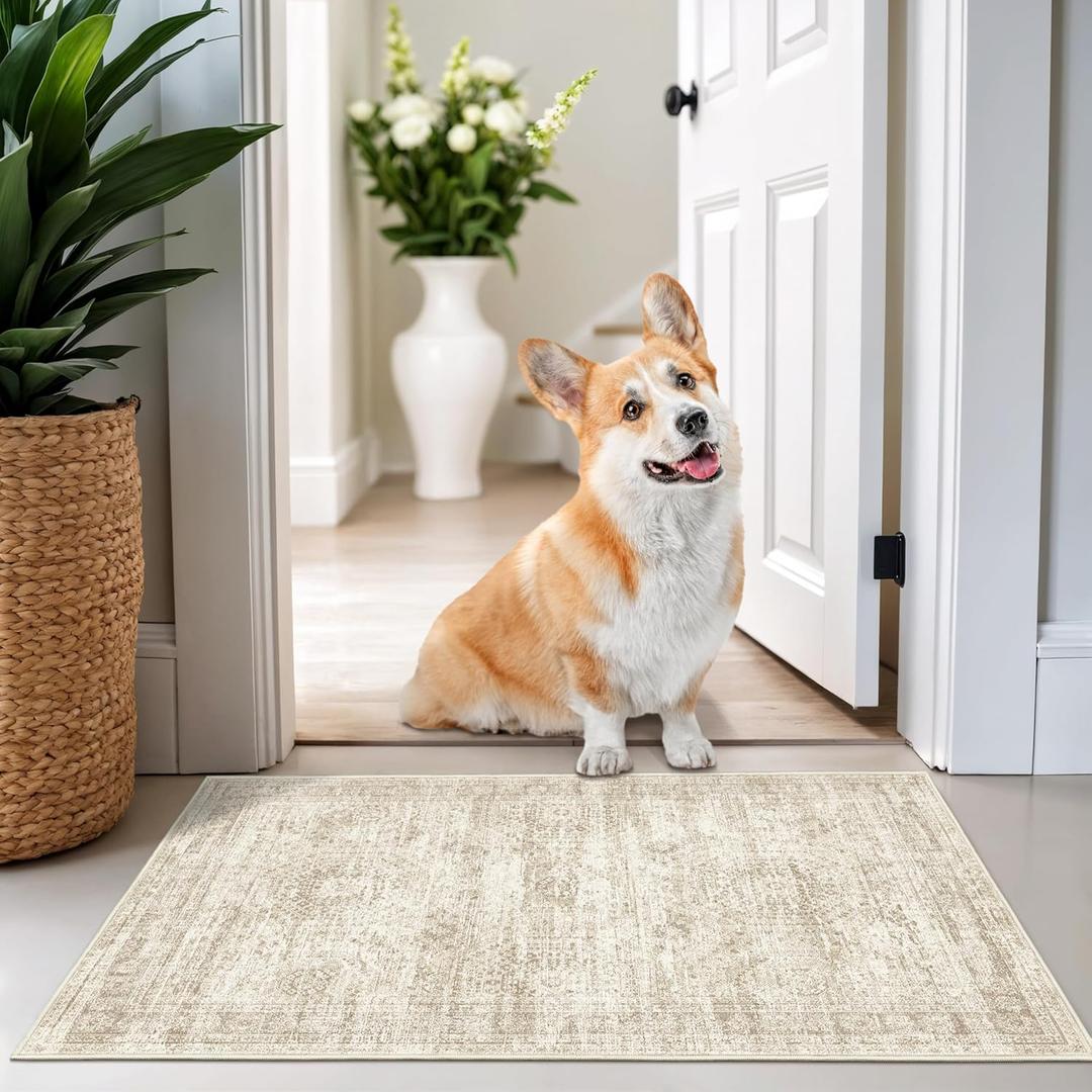 2x3 Washable Rug Runner for Bathroom, Soft Entryway Rug for Laundry Room, Kitchen, Vintage Abstract Hallway Runner for Bedroom, Anti-Slip Door Mat Indoor Entrance(2'x3', Beige/Ivory)