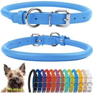 CollarDirect Rolled Leather Dog Collar, Soft Padded Round Puppy Collar, Handmade Genuine Leather Collar Dog Small Large Cat Collars (11-14 Inch, Light Blue Textured)