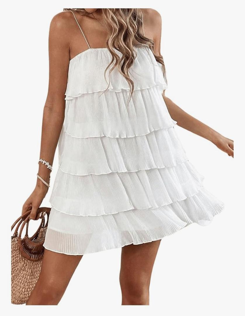 MakeMeChic Women's Summer Beach Spaghetti Strap Sundress Flowy Layer Ruffle Hem Cami Short Dresses L
