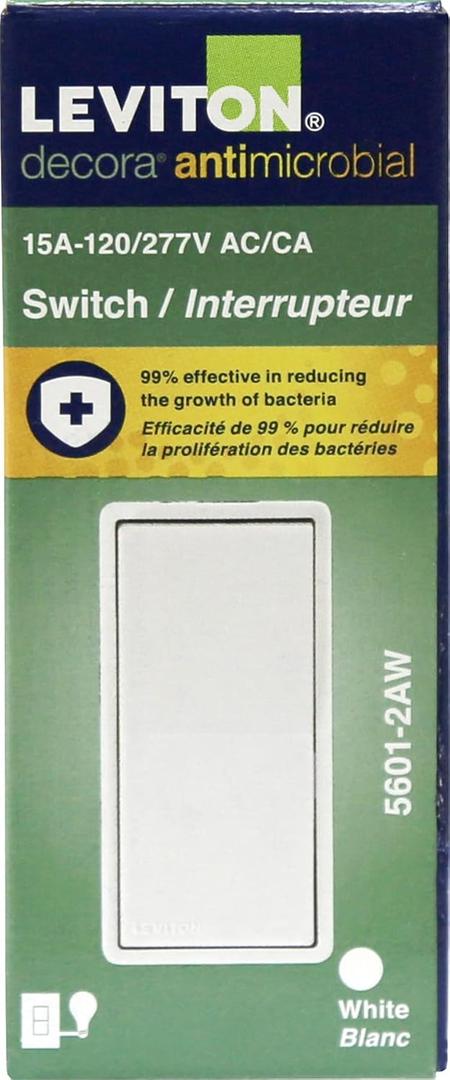 Leviton 15 Amp Decora Antimicrobical Wall Switch Single-Pole, White, 5601-2AW