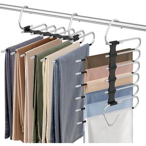 Upgrade 6 Layers Pants Hangers Space Saving, 2Pack Stainless Steel Multifunctional Rack Non Slip S-Type Clothes Jean Hanger Closet Organizer for Jeans Leggings Trousers Skirts Scarf, Black