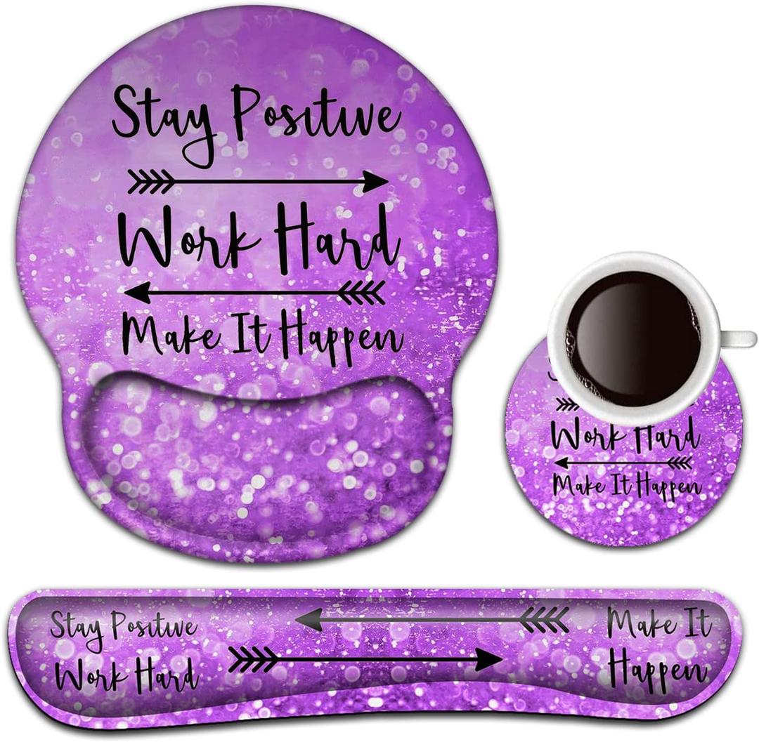 Keyboard Wrist Rest and Mouse Pad with Wrist Support, Ergonomic Mouse Pad Coaster,Easy Typing Pain Relief,Keyboard Mousepad Set,Stay Positive Work Hard and Make It Happen Purple Glitter