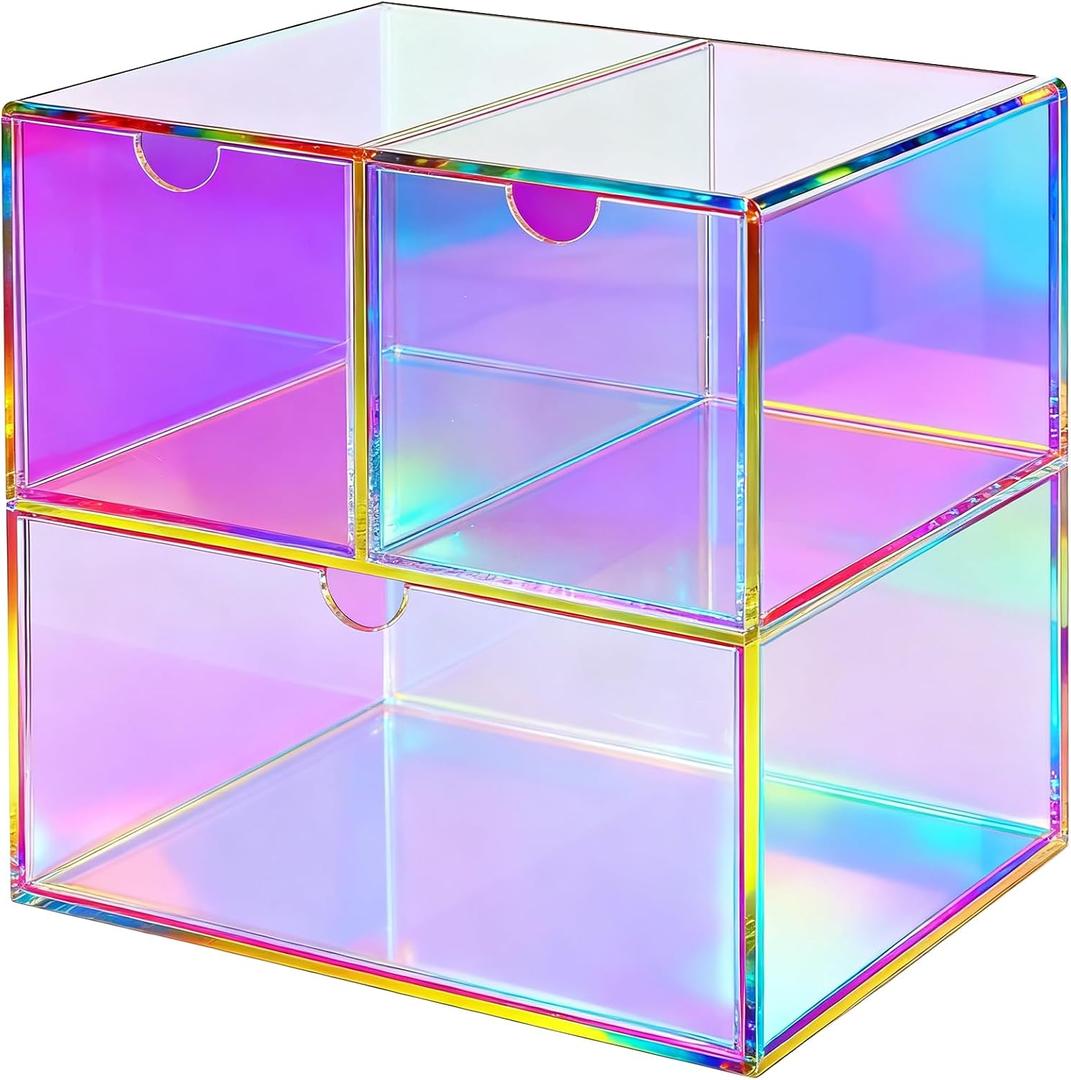 Gelite Desk Organizer with 3 Storage Drawers for Makeup Office Acrylic Desktop Drawer Organizer for Vanity Office Organization and Storage Box, Iridescent