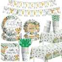 Owelleny Jungle Safari Baby Shower Decorations, 195Pcs Jungle Theme Baby Boy Table Decorations, Plate, Napkin, Cup, Tablecloth, Banner, Cutlery, Wild Animal Baby Shower Party Supplies, Serves 24