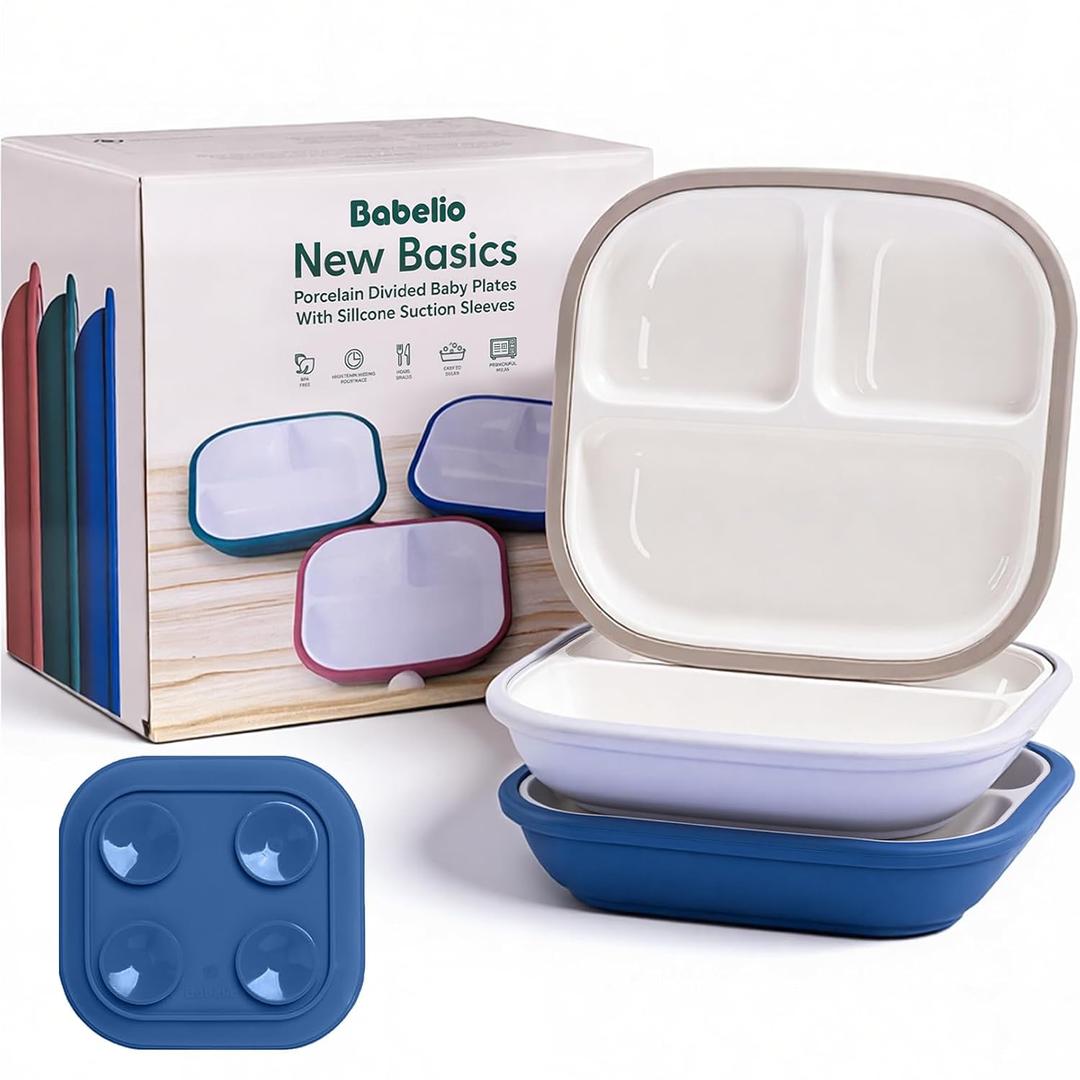 BABELIO 8'' Toddler Porcelain Plates with Silicone Suction Sleeves, Lead & BPA Free, Divided, Microwave & Dishwasher Safe, Stay Put, Suitable for Kids/Babies, 3 Pack (1-Blue/Grayish Purple/Silver Gray)