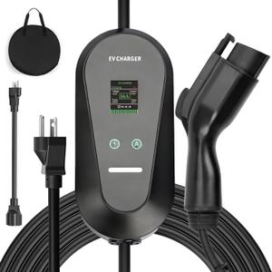 Level 1+2 Portable EV Charger for Electric Cars, 16A 3.5KW with 1.8 Inch LCD Display, 110V-240V, 6-20P Power Plug, J1772 Compatible, Applicable to Household Electricity