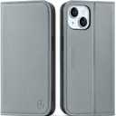 SHIELDON Case for iPhone 15, Genuine Leather Wallet Folio Book Case Magnetic RFID Blocking Credit Card Holder Kickstand Shock Absorbing Protective Cover Compatible with iPhone 15 6.1" - Bluish Gray