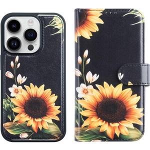 LUMARKE Designed for iPhone 13 Pro Wallet Case - Detachable Flip Folio Cover - RFID Blocking 4 Card Slots Holder - Premium Leather Magnetic Kickstand - Protective Phone Case 6.1", Sunflowers