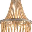 Q&S Farmhouse Wood Beaded Chandelier,Oak White 8-Lights Retro Vintage Antique Rustic Boho Pendant Light Fixture for Foyer Living Room Bedroom Kitchen Dining Room Office Nursery UL Listed