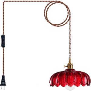 Plug in Pendant Light: Hanging Light Plug in Fixture Red Glass Hanging Lamp, Pendant Lighting for Kitchen Island, Bedroom, Dining Room, Living Room, E26 No Bulb