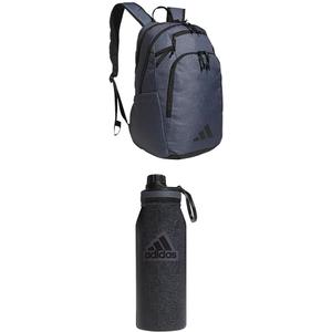 adidas Defender Team Backpack (33L) + 750 ml (28 oz) Stadium Refillable Plastic Sport Water Bottle, Grey/Black + Black/Black/Grey, One Size