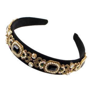 Simulated Pearl Bead Vintage Crystal Headbands for Women Fashion Rhinestone Flower Leaf Alloy Metal Charm Hairbands Hair Jewelry (black)