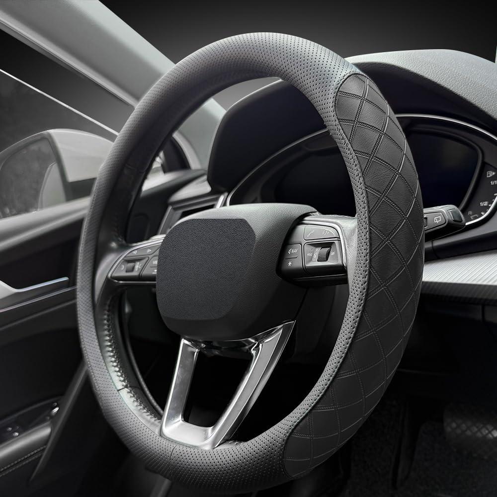 LKWLIKEI Nappa Leather Steering Wheel Cover, Elegant Diamond Checkered Design, NonSlip wearResistant, Enhance Driving Comfort, Suitable for Steering Wheel Diameter 14 1/2‘15’ Models.Black