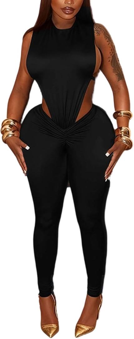 Sexy 2 Piece Sets for Women Sleeveless Hollow Out Bodysuit Top Bodycon Ruched Leggings Set Jumpsuit Club Outfits (Black, M)