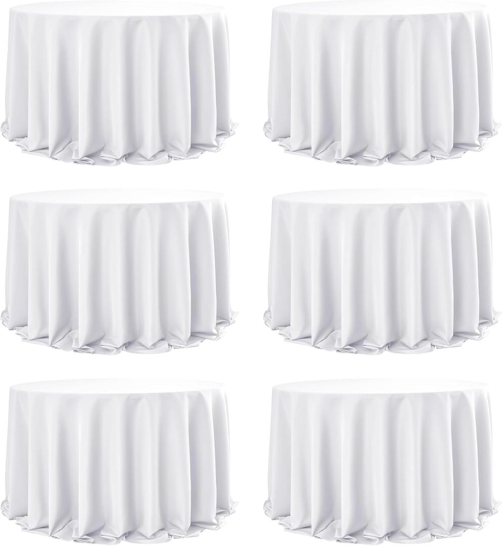 6-Pack White Round Tablecloths, 132 Inches, Stain-Resistant Polyester for 6-8 Ft Round Tables - Washable Table Covers for Weddings, Banquets, Birthday Parties, Events