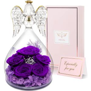 Yamonic Birthday Gifts for Mom Grandma,Glass Angel Figurine with Five Real Roses Gifts, Preserved Flowers Rose Gifts for Women, Her, Mother, for mom, Christmas Valentine Day Gifts