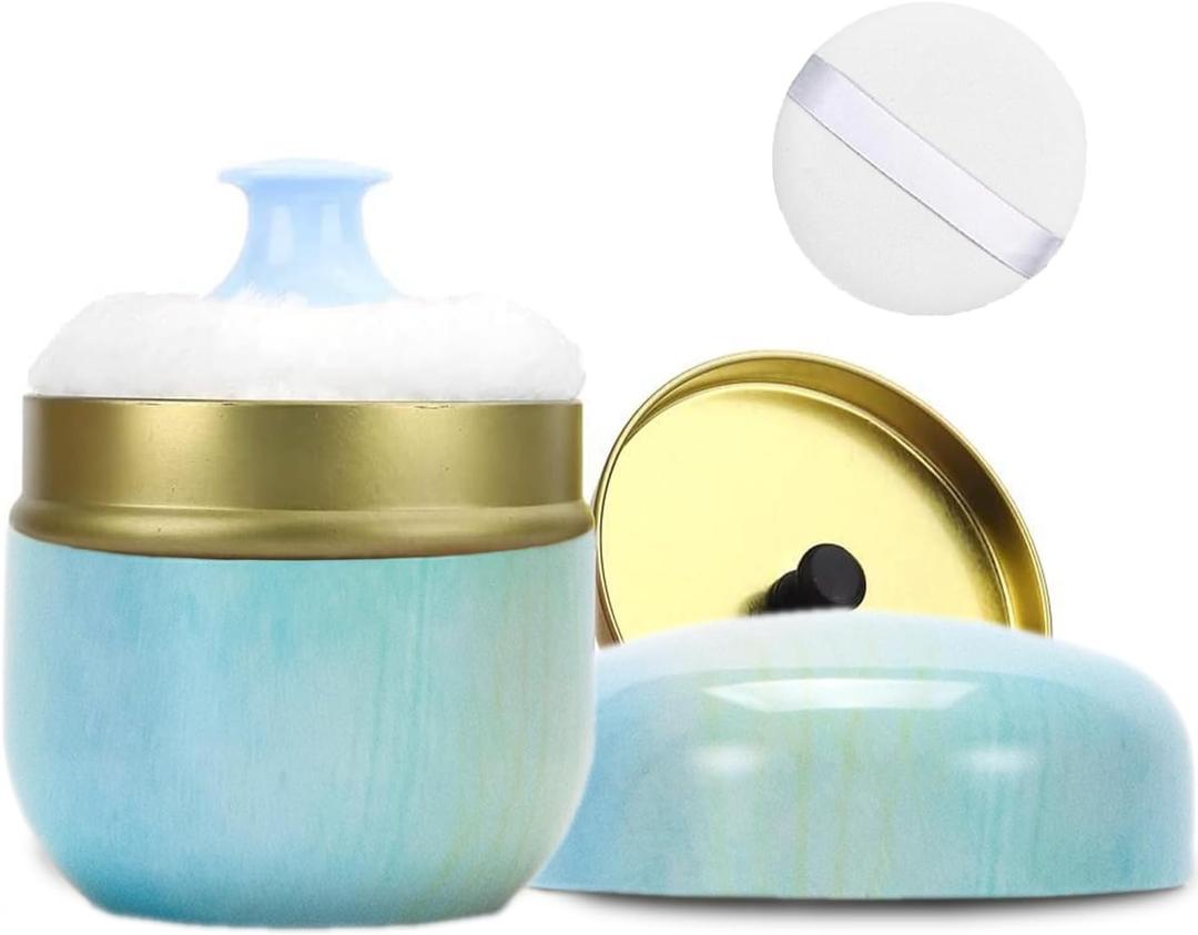 SHIMIDO Body Powder Puff and Container, 3.15" Portable Empty Body Powder Container for Baby Women's Loose Dusting Powder, Powder Case Box with Lids for Bath, Travel and Home Use , Aqua Blue)