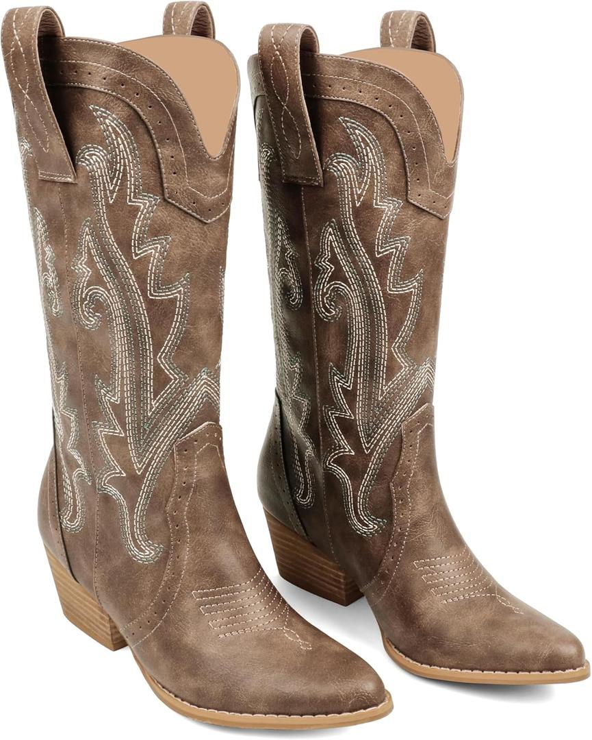 Zzheels Women Mid-calf Cowboy Boots Pointy Toe Boot Embroidered Western Cowgirl Boots Chunky Heels (7, Brown)