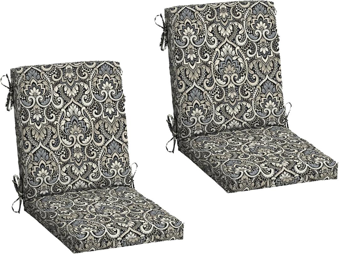 Arden 2-Pack Outdoor Patio Dining Chair Cushion, 20x44, Rain-Proof Seat Pad, Fade-Resistant Outdoor Cushion Black Aurora Damask