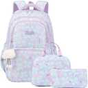 3Pcs Girls Backpack for School Kids Bookbag with Lunch Bag Pencil Case | 28L Kids Backpack for Teen Girls with Lunch Box, Padded Laptop Compartment Fit Up to 15.6", with Luggage Strap, Purple