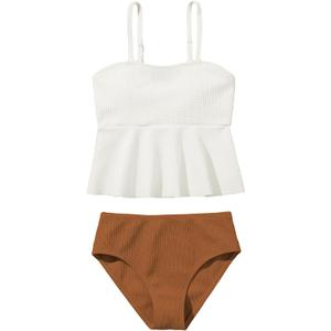 SHENHE Girl's 2 Piece High Waisted Ruffle Waffle Swimsuit Bathing Suit Bikini Sets (Brown)