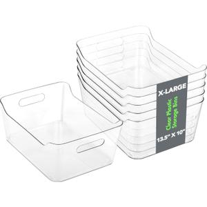 Tiawudi 6 Pack Plastic Storage Bins, Extra Large Pantry Organizer, 13.5" x 10" Clear Storage Containers and Organizer Bins, Multi-Use Bins for Home, Kitchen, Closet and Cabinet (2 damaged)