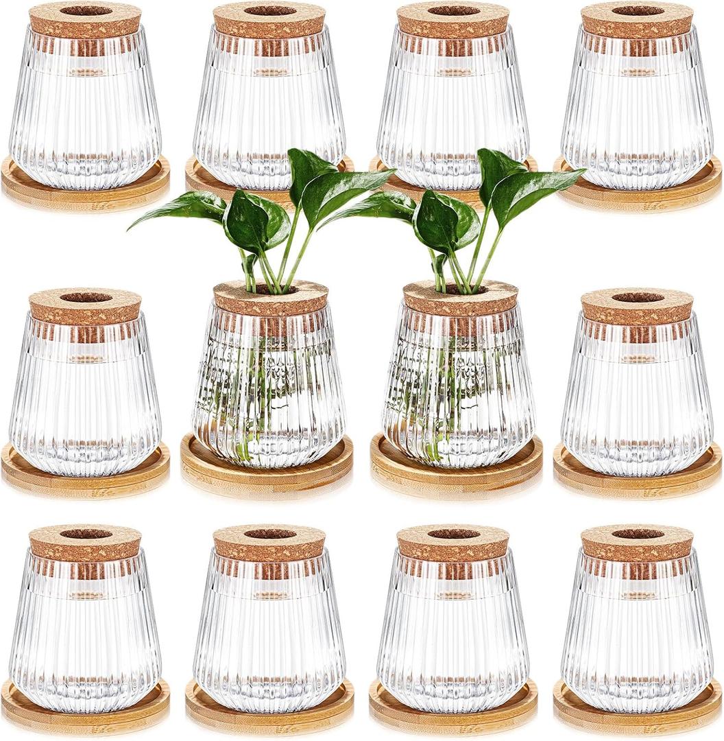Baderke 12 Packs Propagation Vases for Plants Plastic Plant Propagation with Hole Lid and Bamboo Stand Growing in Water Hydroponic Home Office Desktop Vase Decoration
