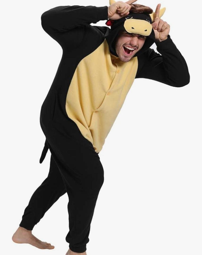 dressfan Black Bull Costume Animal Bull Onesie Pajamas Halloween Cosplay Costume L