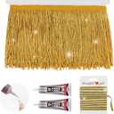 Gold Glittery Fringes, 5 Yards X 4 Inch Fringe Trim with B7000 Glue, Tassels Trim for Crafts Sewing by The Yard for Clothing Curtain