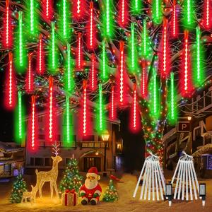 2-Pack Extendable Meteor Shower Christmas Lights Outdoor, 16 Tubes 384 LEDs Waterproof Falling Rain String Lights, Christmas String Lights Outdoor for Tree Garden Holiday Decorations (Red and Green)