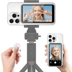 Upgrade Vlog Selfie Monitor Screen for iPhone & Android with Zoom/Remote/Speaker, Magnetic Phone Back Camera Selfie Monitor, Content Creator Essentials, Wireless Mirroring for YouTube Live Streaming (White)