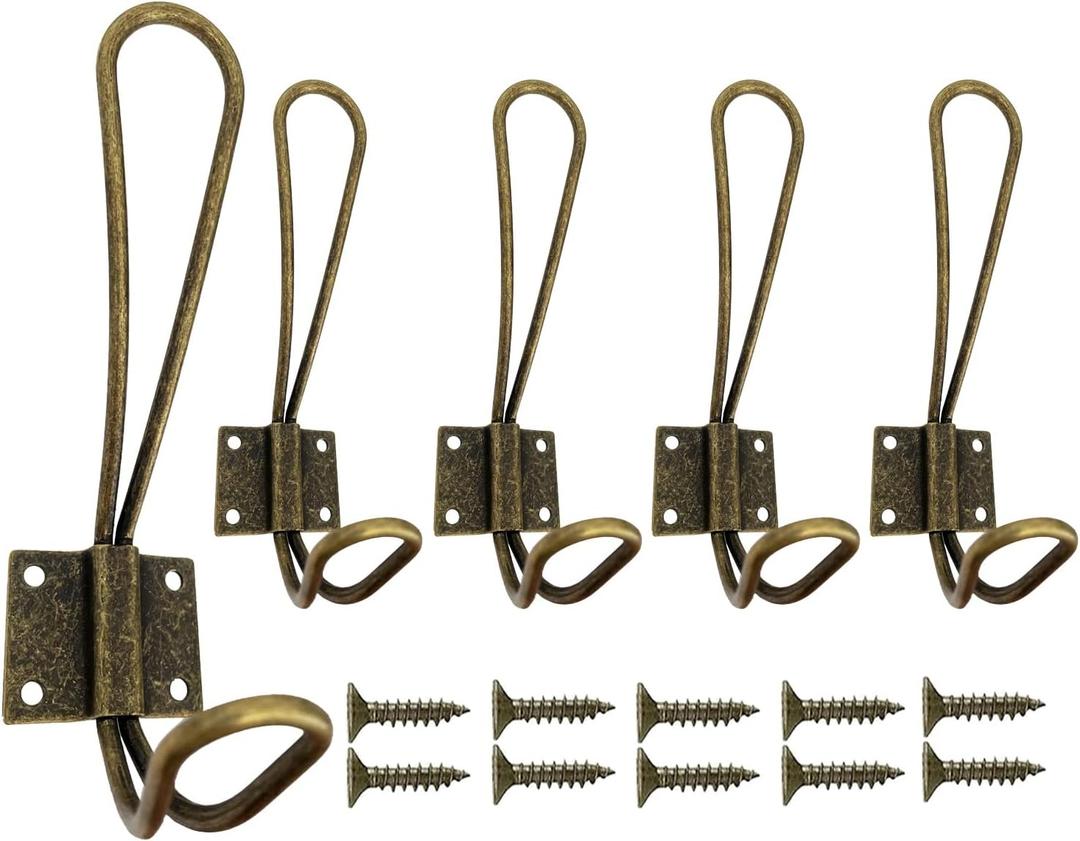 Wire Coat Hooks Heavy Duty, 5 Pack Vintage Wall Hooks Double Metal Hangers with Screws for Hanging Clothes Jackets Robes Towels Hats Keys Bags, Bronze