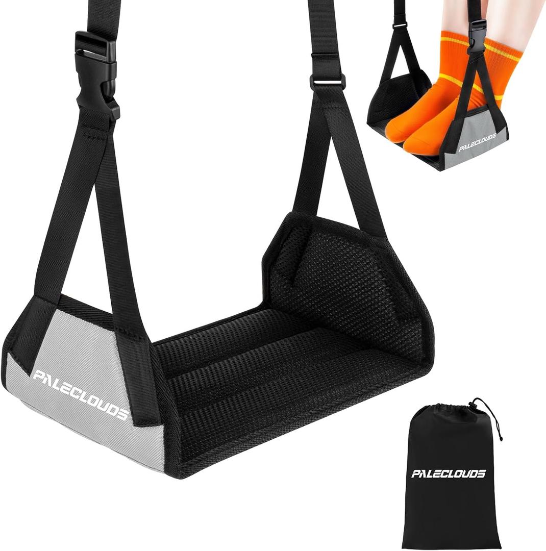Foot Hammock for Plane Travel, No Collapse Thickened Bamboo Airplane Foot Rest for Long Flight, Desk Foot Hammock with Extended Adjustment Strap to Relax Your Feet, Foot Sling Travel Essentials (Grey)