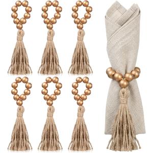 6 Pieces Wooden Bead Napkin Rings, Wooden Bead Easter Farmhouse Napkin Rings with Tassel, Natural Rustic Boho Napkins Ring for Dining Table Decor Wedding Party Thanksgiving Decoration